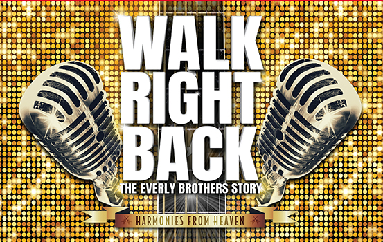 Gold glittery background with two microphones "Walk Right Back... The Everly Brothers Story"